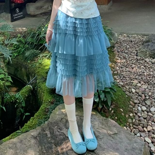 Melon Juice-Mid Rise Plain Ruffle Tiered Midi Skirt