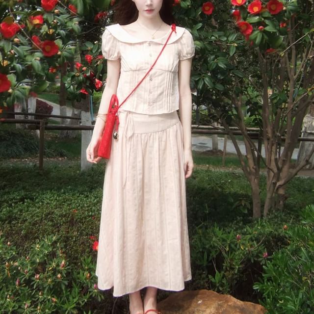 Melon Juice-Set Short-Sleeve Collared Plain Ruched Button Up Blouse Mid Rise Midi A-Line Skirt