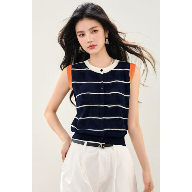 Melon Juice-XL Sleeveless Crew Neck Striped Knit Top