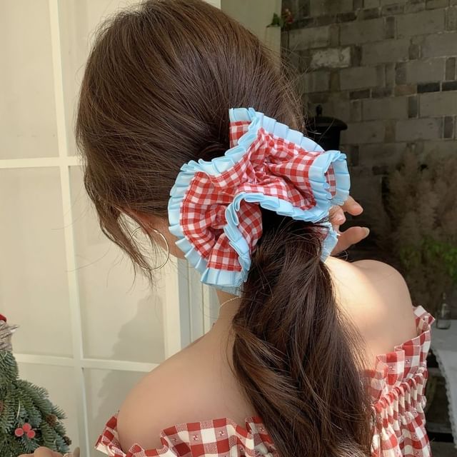 Mentosi-Gingham Contrast Frill Trim Scrunchie