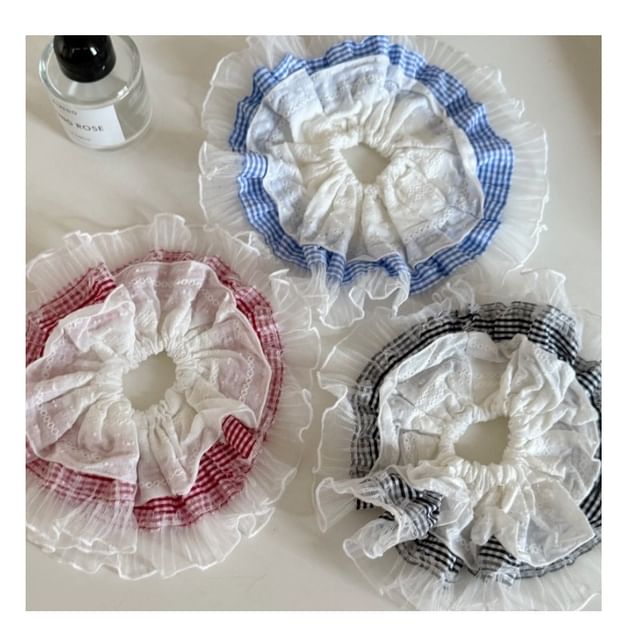 Mentosi-Gingham Mesh Trim Scrunchie