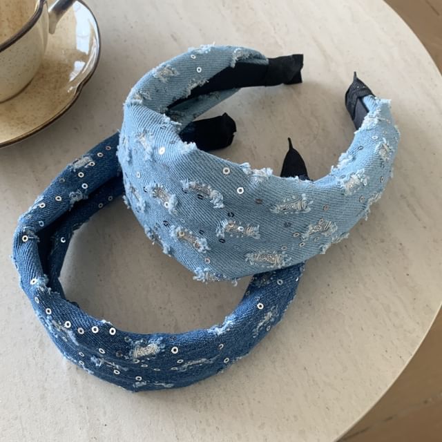 Mentosi-Sequin Distressed Denim Wide Headband