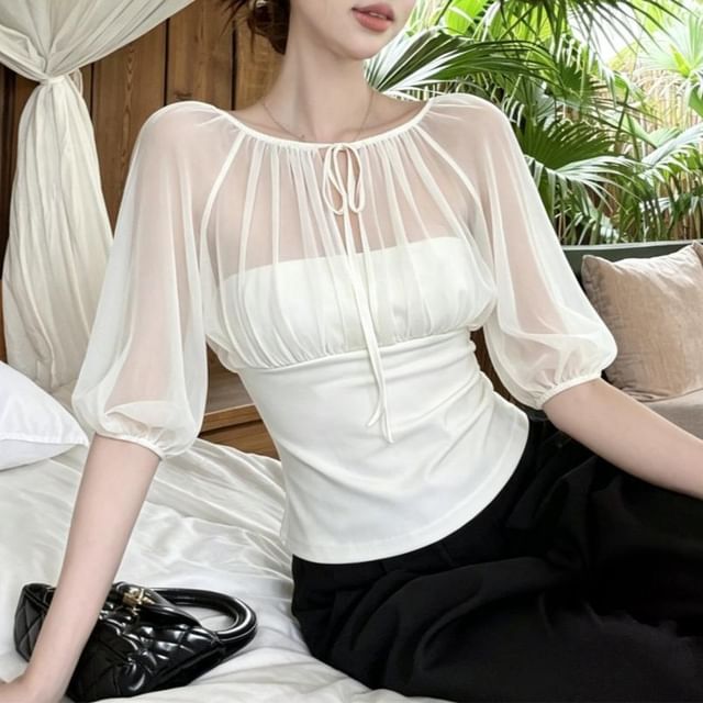 Metonymph-34 Sleeve Tie Neck Plain Panel Mesh Top