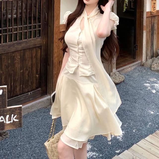 Metonymph-Cap Sleeve Tie Neck Plain Blouse High Waist Panel Mini A-Line Skirt