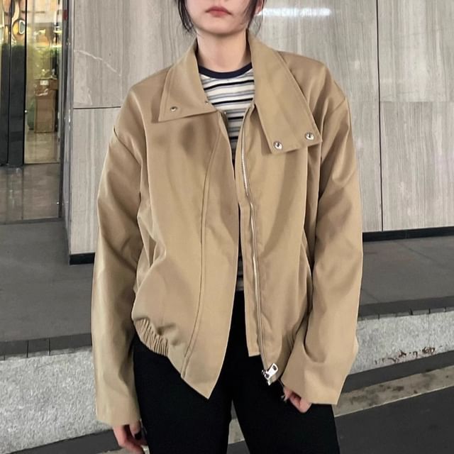 Metonymph-Collar Plain Zip Jacket