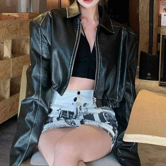 Metonymph-Collared Plain Faux Leather Zip Crop Jacket