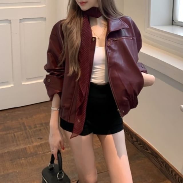 Metonymph-Collared Plain Faux Leather Zip Jacket