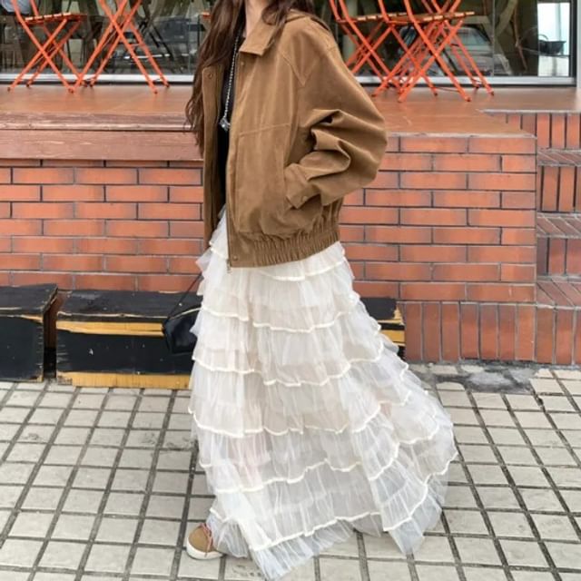 Metonymph-Collared Plain Zip Jacket High Rise Maxi Tiered Skirt