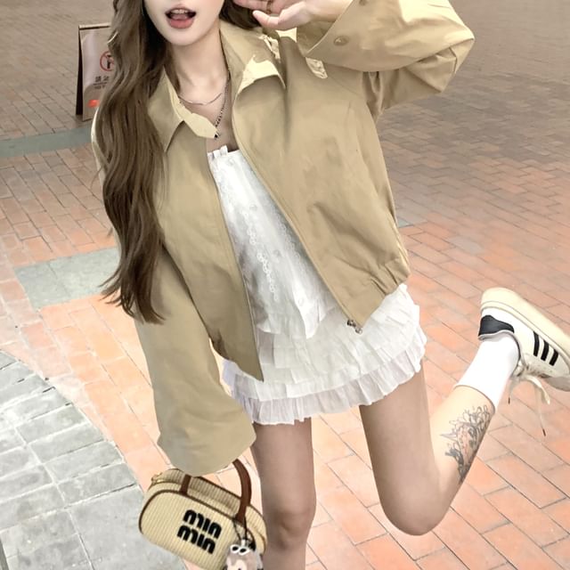 Metonymph-Collared Zip-Up Jacket Sleeveless Crop Top Mini Skirt