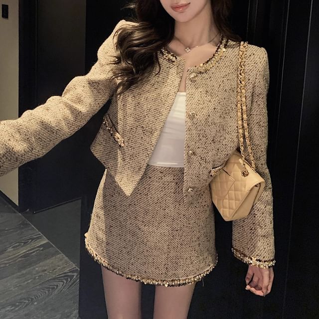 Metonymph-Crew Neck Sequin Trim Button-Up Tweed Crop Jacket High Rise Mini A-Line Skirt