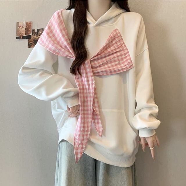 Metonymph-Drop Shoulder Plaid Panel Oversized Hoodie