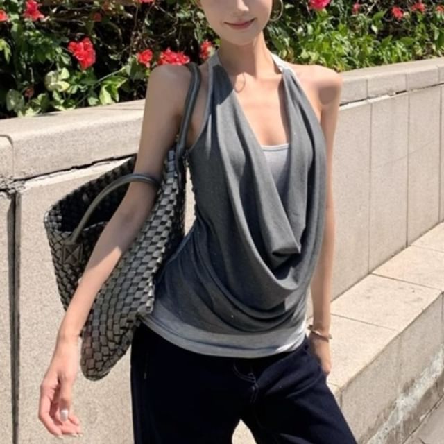 Metonymph-Halter Cowl Neck Mock Two Piece Top