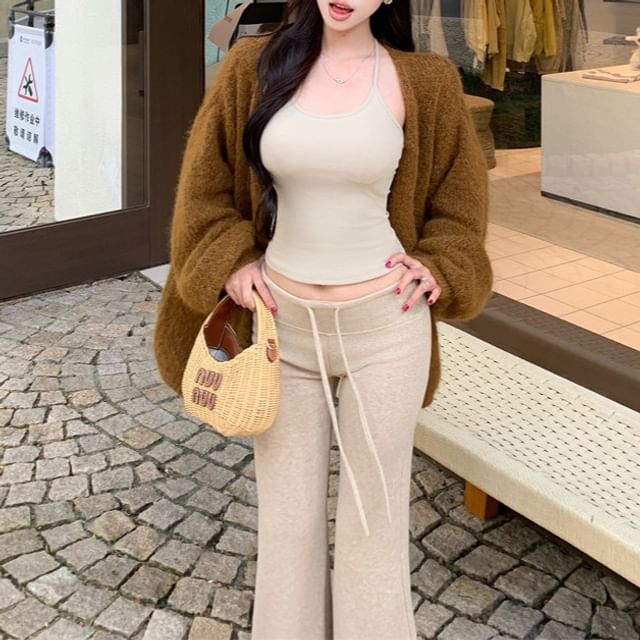 Metonymph-Halter Plain Crop Slim Fit Cami Top Cardigan Drawstring Waist Bootcut Pants