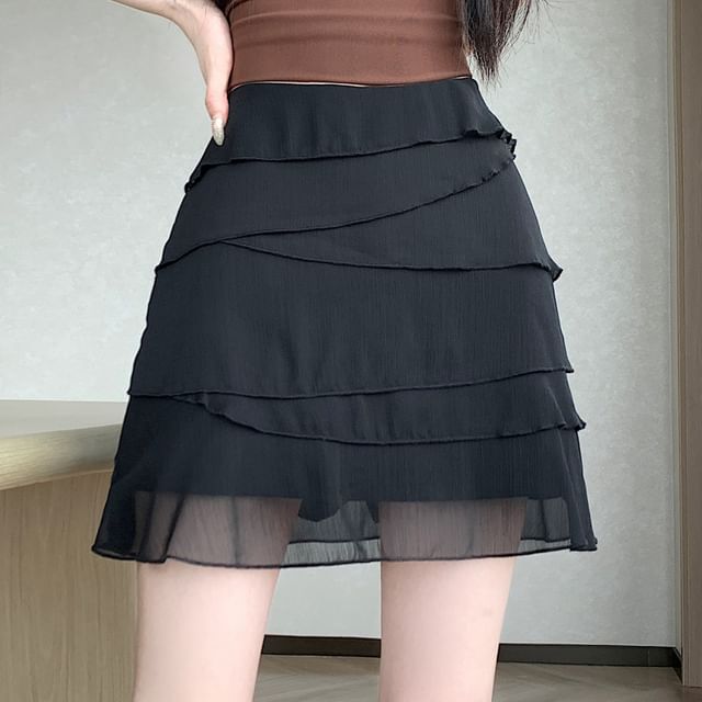 Metonymph-High Waist Mini A-Line Tiered Skirt