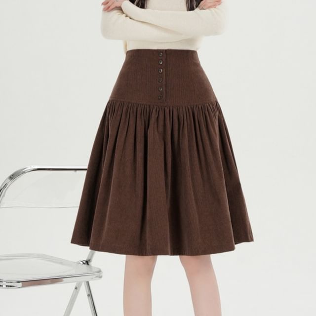 Metonymph-High Waist Plain Button Fly A-Line Skirt