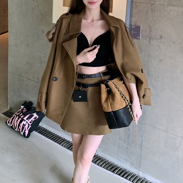 Metonymph-Lapel Collar Plain Double-Breasted Trench Jacket High Waist Mini Pencil Skirt Belt Set