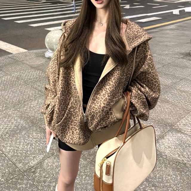 Metonymph-Leopard Print Zip-Up Hoodie