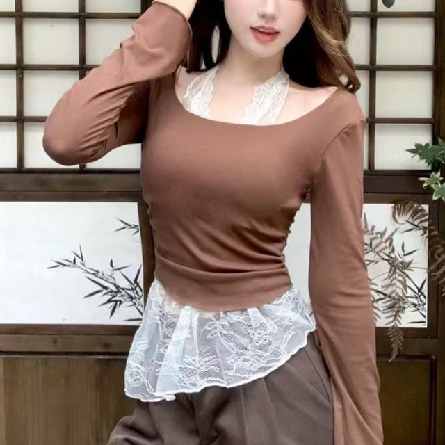 Metonymph-Long Sleeve Halter Mock Two Piece Padded Panel Lace Top