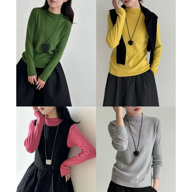 Metonymph-Long Sleeve Mock Neck Plain Knit Top