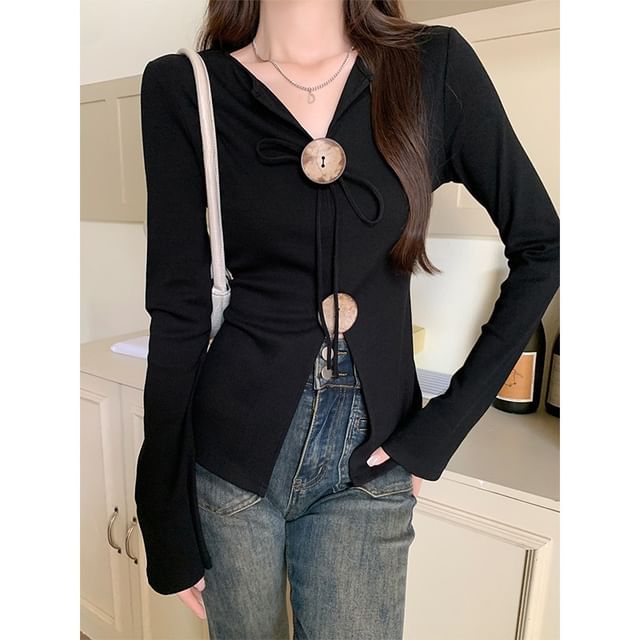 Metonymph-Long-Sleeve Notched Plain Top