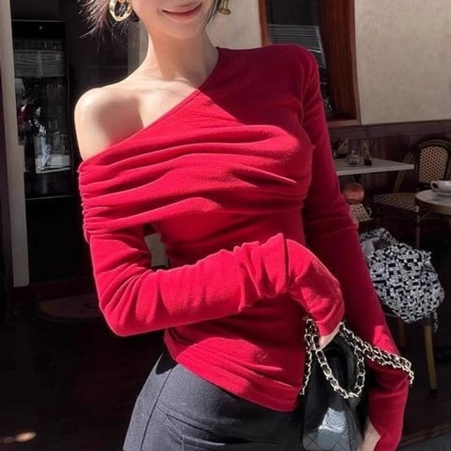 Metonymph-Long-Sleeve Off Shoulder Plain Crop Top