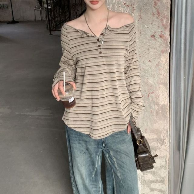 Metonymph-Long-Sleeve Off-Shoulder Striped Tee