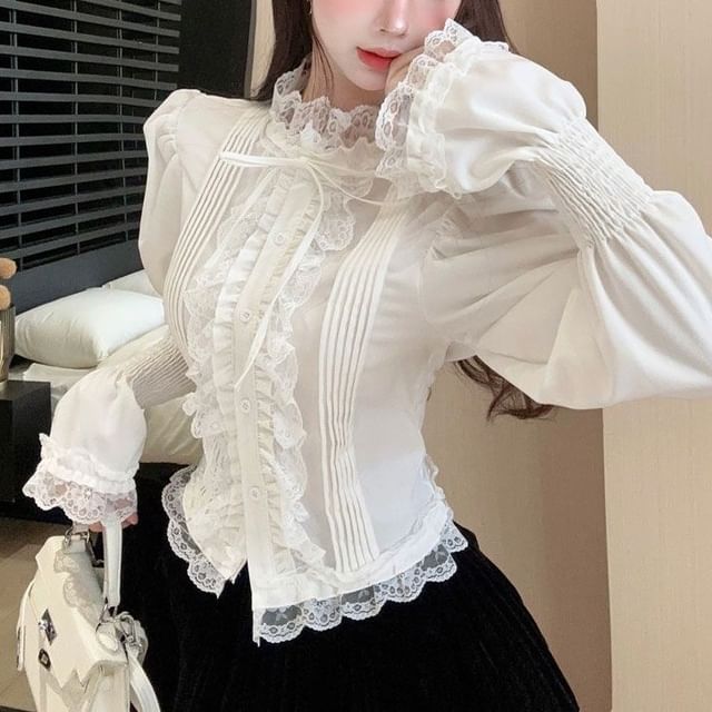Metonymph-Long Sleeve Stand Collar Plain Ruffle Panel Lace Blouse