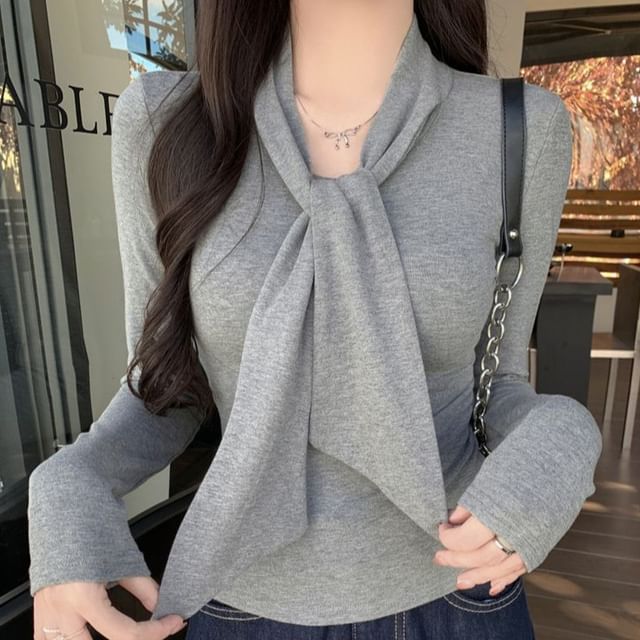 Metonymph-Long-Sleeve Tie-Neck Plain Slim Fit Tee