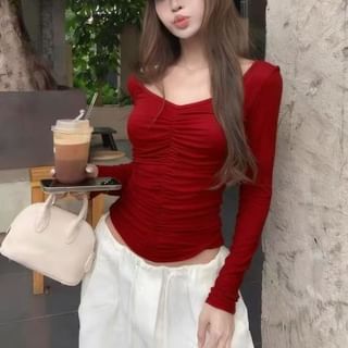 Metonymph-Long-Sleeve V-Neck Cinched Plain Crop Top