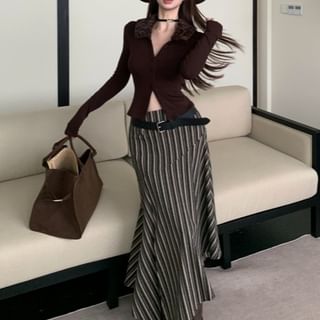 Metonymph-Long-Sleeve V-Neck Leopard Print Collar Button-Up Crop Top High Rise Striped Maxi A-Line Skirt Belt Set