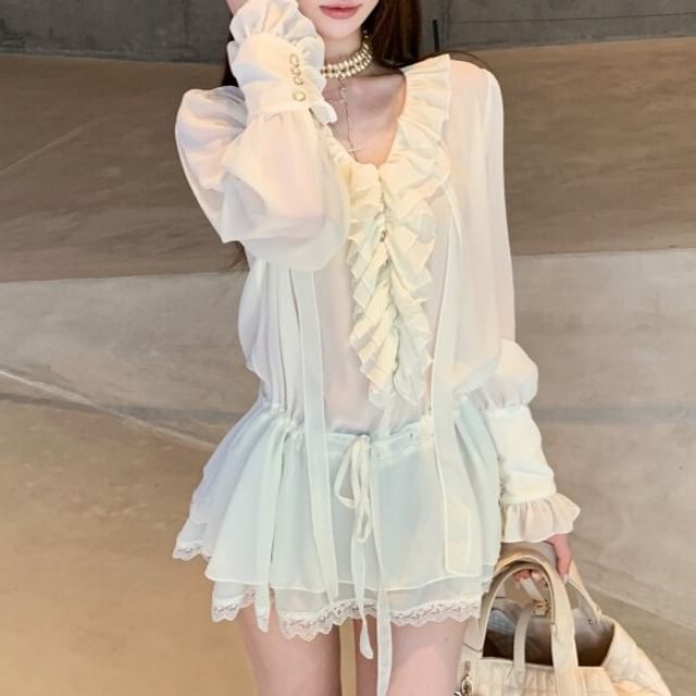 Metonymph-Long-Sleeve V-Neck Ruffle Trim Blouse