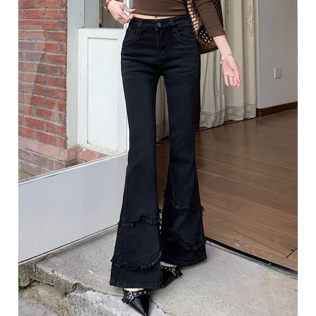 Metonymph-Low Rise Washed Frayed Flared Jeans