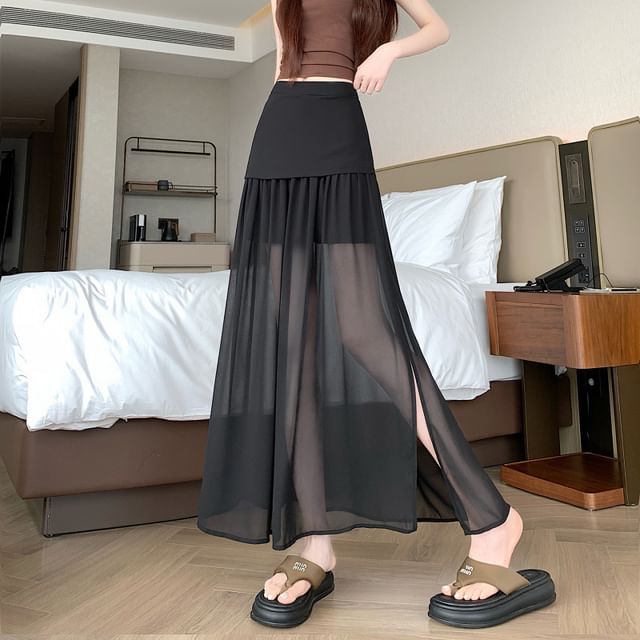 Metonymph-Mid Rise Plain Sheer Panel Maxi A-Line Skirt