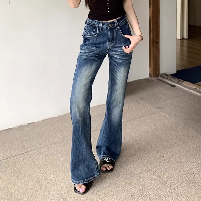 Metonymph-Mid Waist Washed Bootcut Jeans