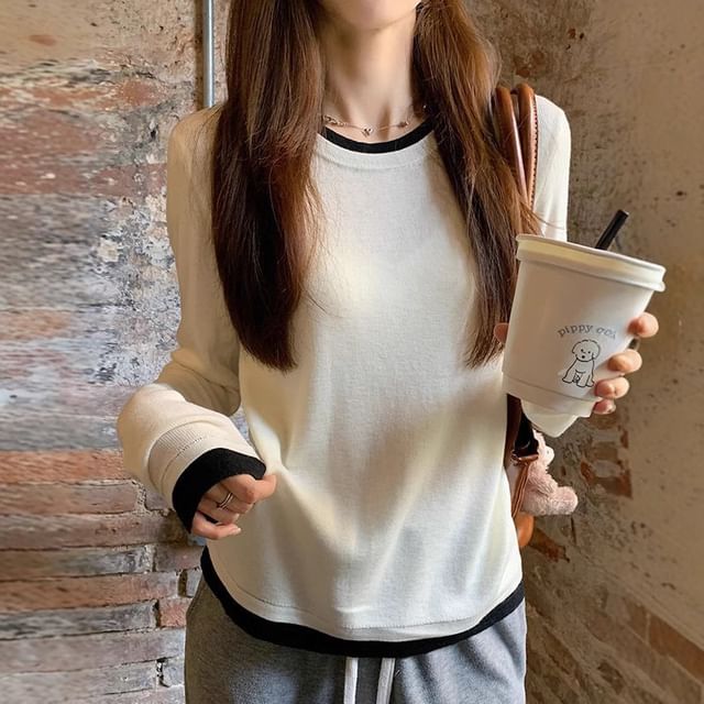 Metonymph-Mock Two-Piece Long-Sleeve Crew Neck Two-Tone Tee