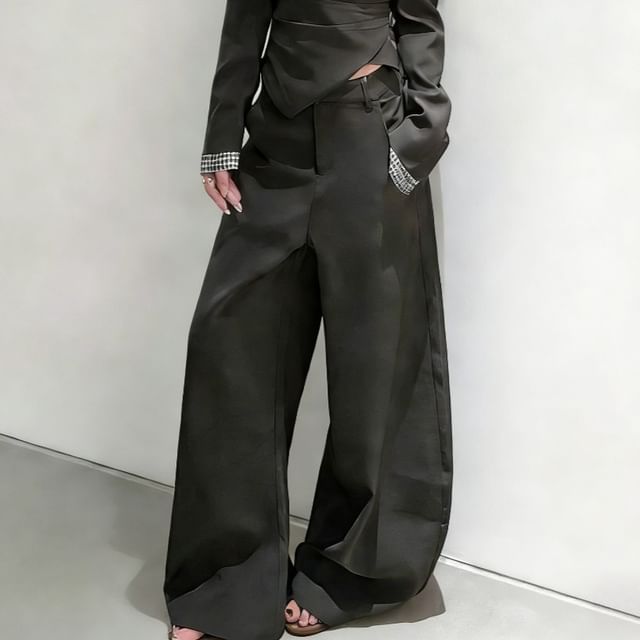 Metonymph-Mock Two-Piece Off-Shoulder Asymmetrical Plaid Panel Ruched Crop Blazer Mid Rise Plain Barrel Leg Baggy Dress Pants