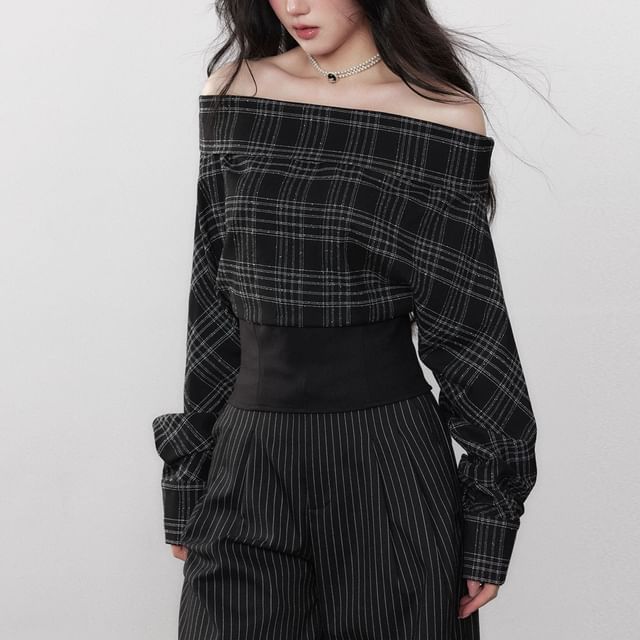 Metonymph-Off-Shoulder Long-Sleeve Plaid Blouse