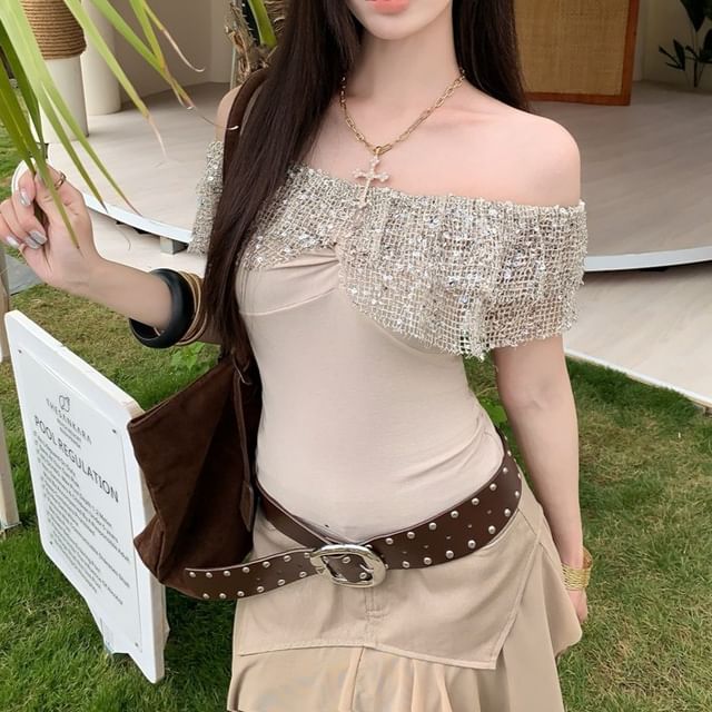 Metonymph-Off-Shoulder Sequin Mesh Panel Slim Fit Crop Top