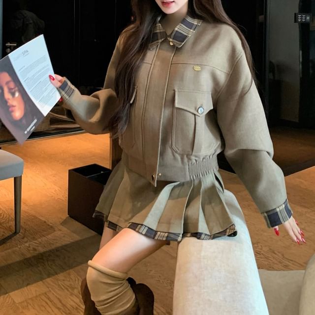 Metonymph-Plaid Collar Zip-Up Jacket Mini Pleated Skirt