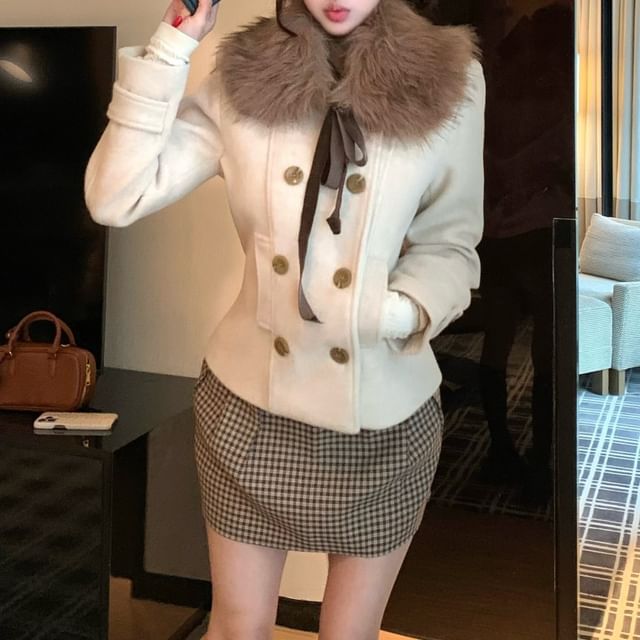 Metonymph-Plain Double Breasted Jacket Detachable Faux Fur Collar High Rise Plaid Mini Pencil Skirt