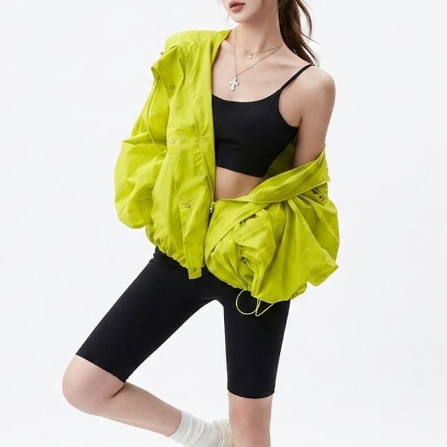 Metonymph-Plain Drawstring Hood Zip Windbreaker