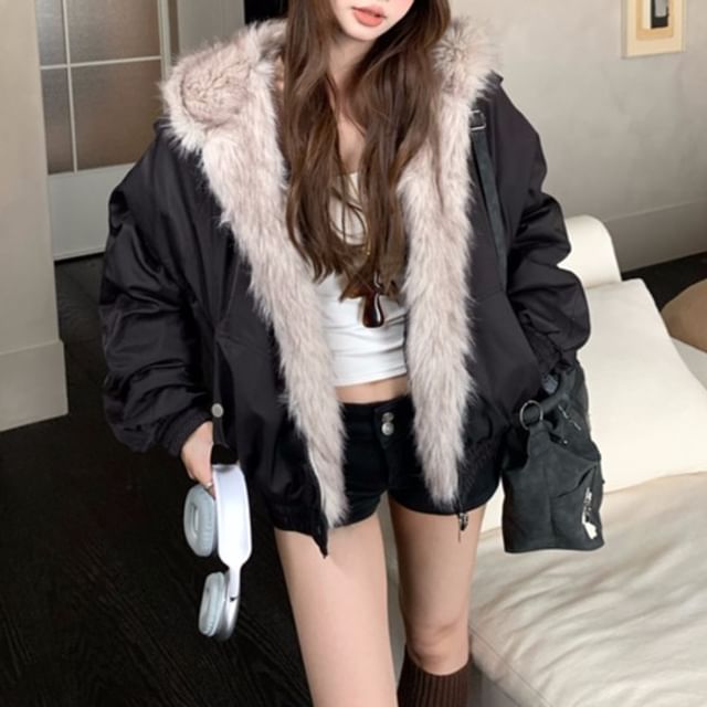 Metonymph-Plain Hooded Fluffy Trim Zip Jacket