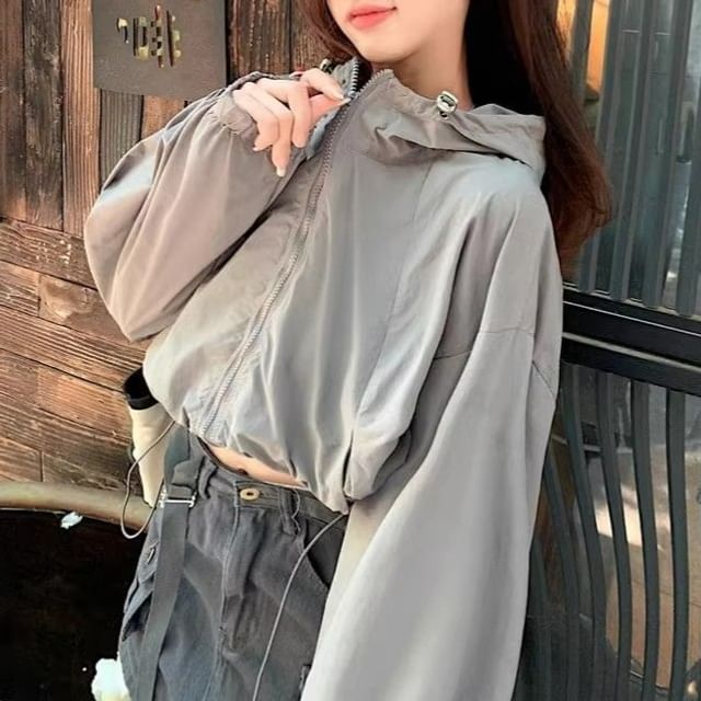 Metonymph-Plain Hooded Zip Windbreaker