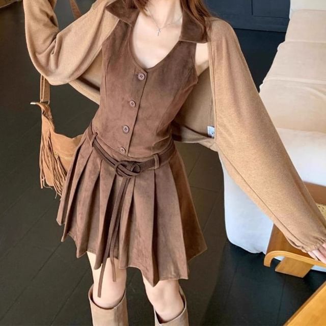 Metonymph-Plain Open Front Cardigan Sleeveless Collar Button Pleated Mini A-Line Dress Belt Set