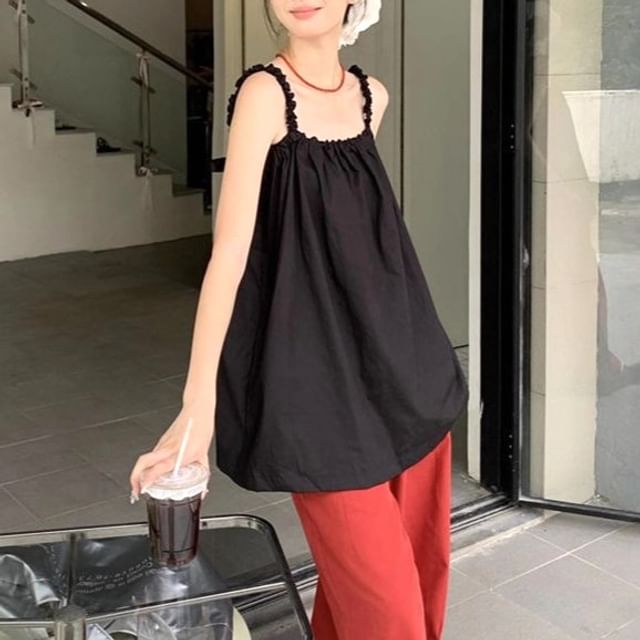Metonymph-Ruched Strap Plain Open Back Top