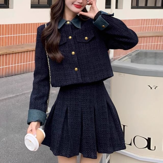 Metonymph-Set Collared Two Tone Button-Up Crop Jacket High Waist Plain Pleated Mini A-Line Skirt