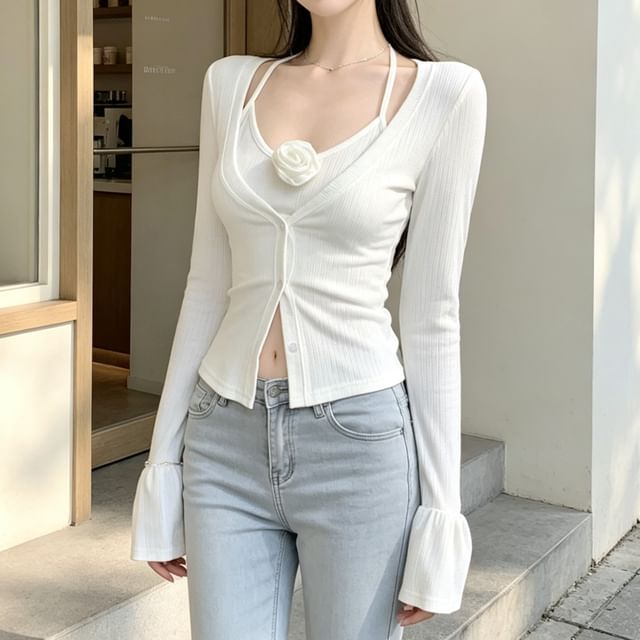 Metonymph-Set Long-Sleeve Flared-Cuff Button-Up Plain Knit Top Rosette Halter Neck Crop Top