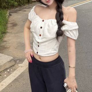 Metonymph-Short-Sleeve Off Shoulder Plain Button Up Crop Blouse Mid Rise Plain Flared Sweatpants