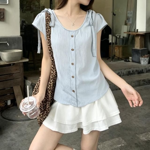 Metonymph-Short-Sleeve Round Neck Bow Detail Plain Button Up Top