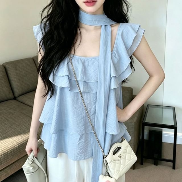 Metonymph-Short-Sleeve Square Neck Plain Ruffle Trim Blouse